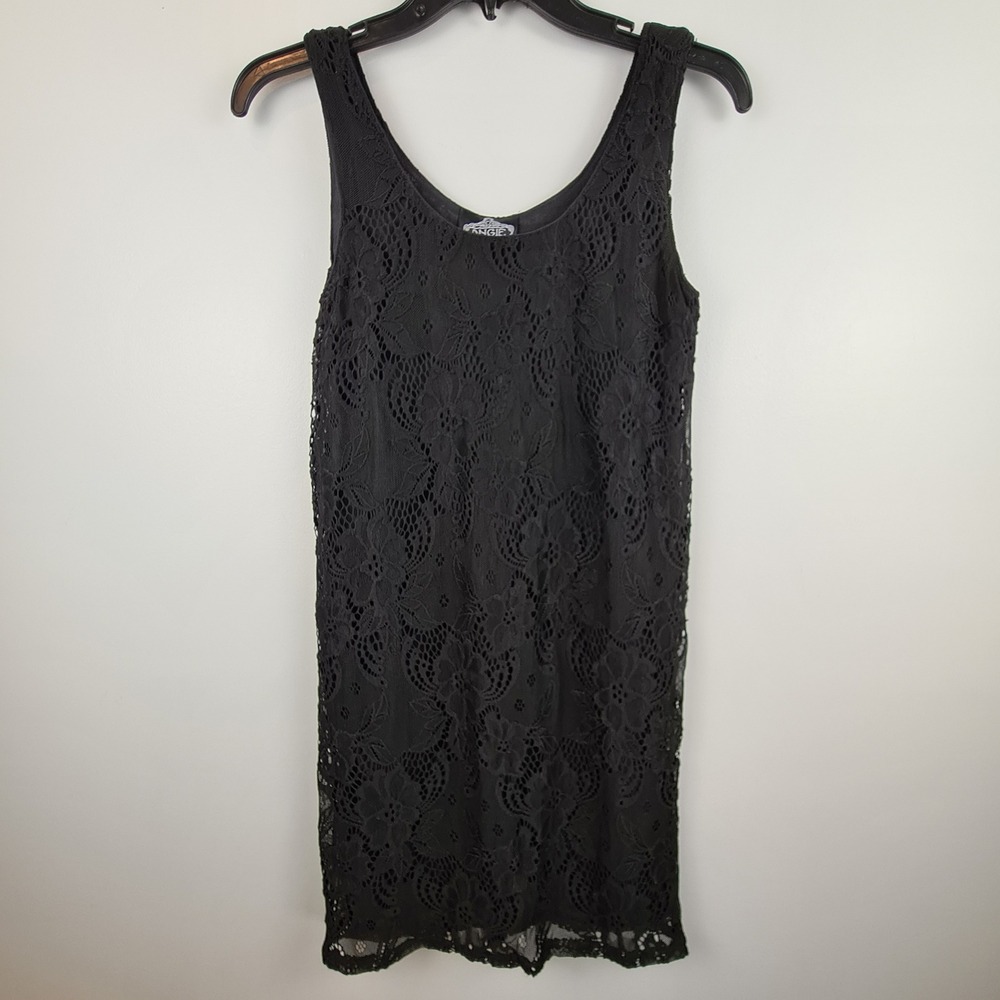 Angie Womens Black Floral Lace Sleeveless Scoop Neck Mini Dress Small Romantic